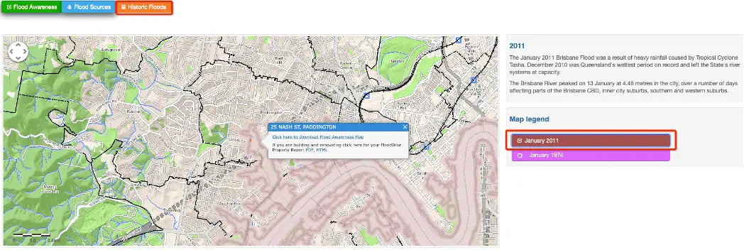Map of flooding of Paddington Brisbane in 2011. 