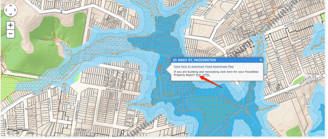 Map of Nash Street, Paddington Brisbane flooding in 2011. The interactive mapping allows you to link directly to the flood wise property report. 