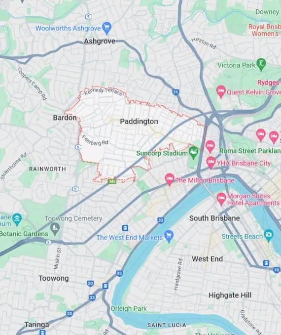 A map showing the suburb of Paddington