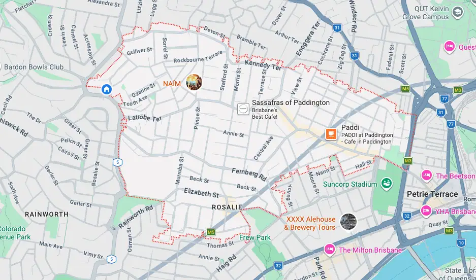 Map showing the suburb boundary of Paddington Brisbane postcode 4064