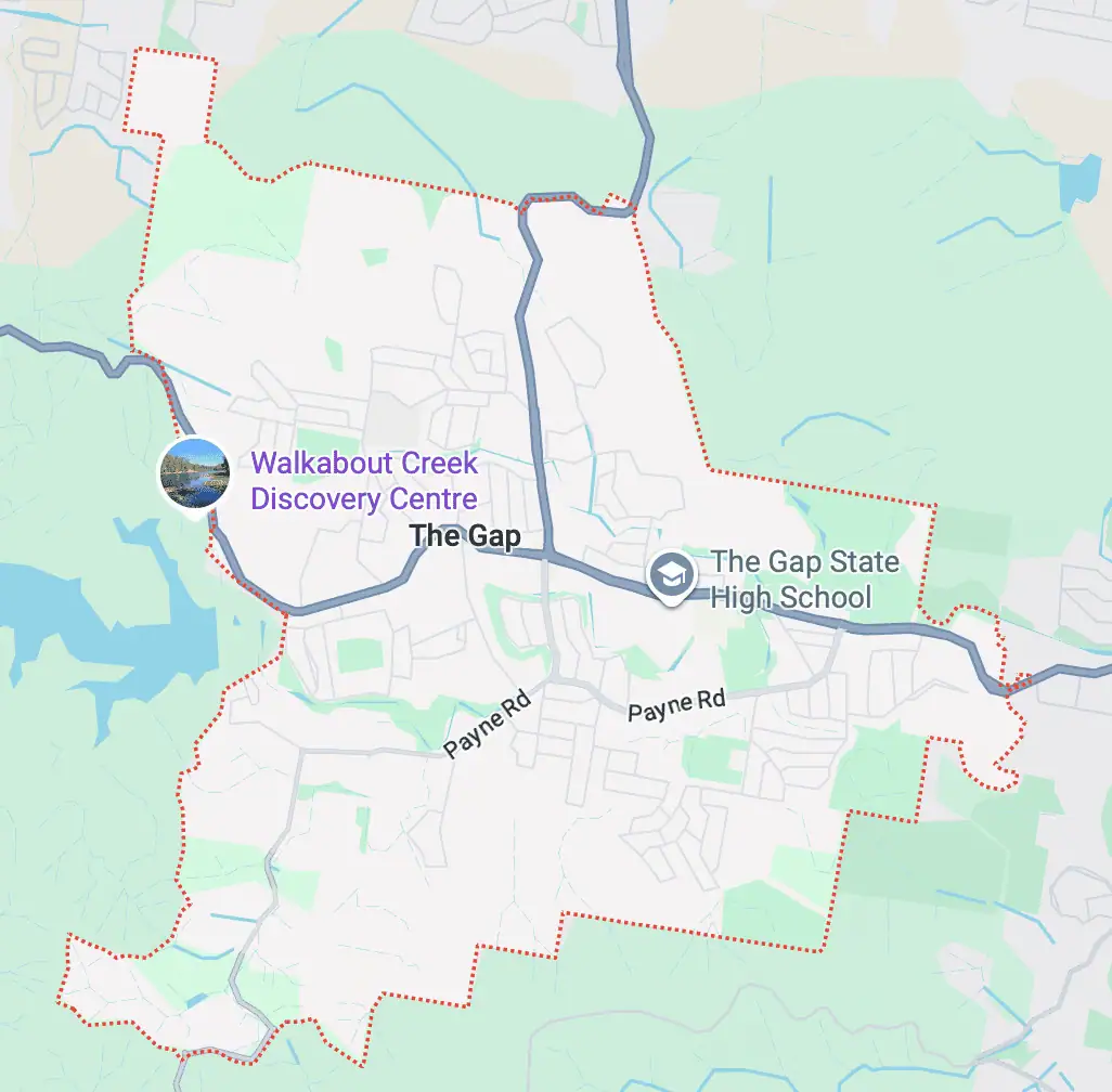 Map of The Gap Brisbane in postcode 4061, showing the suburb's location around 10km north-west of the Brisbane CBD